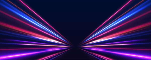 Vector speed of light in space on dark background. Neon speed in panoramic technology concept, on dark abstract background.	
