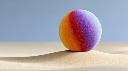 Poster - Colorful ball is sitting on a sandy beach. The colors of the ball are red, yellow, and purple. The beach is empty, and the sky is clear and blue. The scene is peaceful and serene
