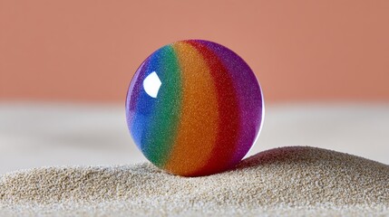 Poster - Colorful ball is sitting on a sandy beach. The ball is made of glass and has a rainbow pattern. The beach is a peaceful and relaxing setting, with the ball adding a touch of whimsy