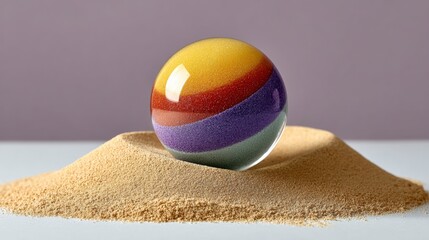 Poster - Colorful ball is sitting on top of a pile of sand. The sand is a mix of different colors, creating a vibrant and playful atmosphere. The ball appears to be a glass sphere