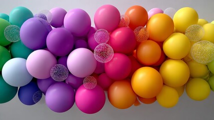 Poster - Bunch of colorful balloons in a rainbow pattern. The balloons are of different colors and sizes, and they are arranged in a way that creates a sense of movement and energy