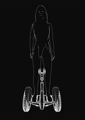 Poster - A young girl glides effortlessly on a futuristic hoverboard, her silhouette sharply defined against a dark background. Dynamic contour lines emphasize motion and speed, while her flowing hair