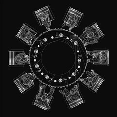 Poster - A black and white wireframe drawing depicts a round table with people seated around it in a restaurant setting. The clean lines and monochrome style highlight the minimalist design against a dark.