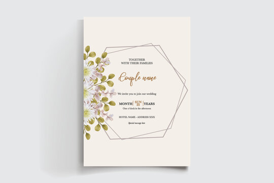 WEDDING INVITATION FRAME WITH FLOWER DECORATIONS AND FRESH LEAVES