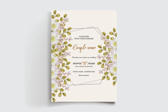 WEDDING INVITATION FRAME WITH FLOWER DECORATIONS AND FRESH LEAVES