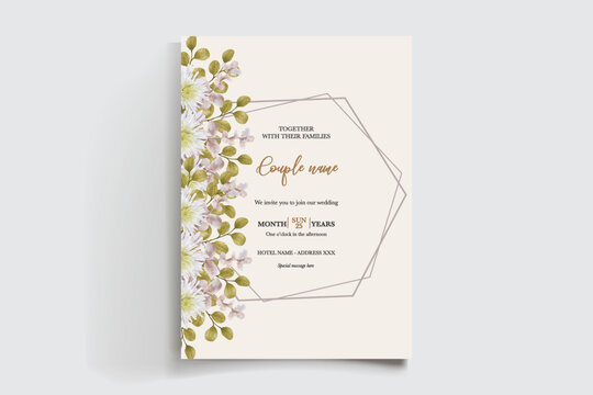 WEDDING INVITATION FRAME WITH FLOWER DECORATIONS AND FRESH LEAVES