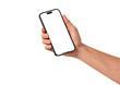 © Pornprasit Panada - Front view of a hand holding a smartphone with a blank customizable screen isolated on transparent PNG.