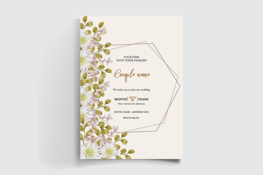 WEDDING INVITATION FRAME WITH FLOWER DECORATIONS AND FRESH LEAVES