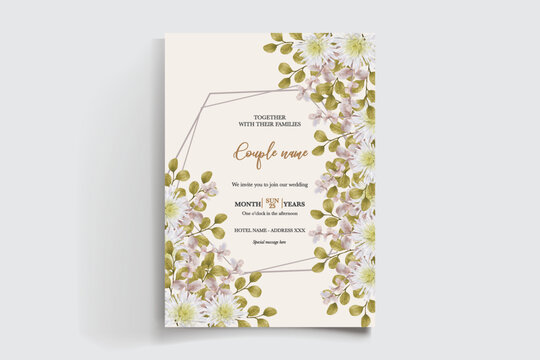 WEDDING INVITATION FRAME WITH FLOWER DECORATIONS AND FRESH LEAVES