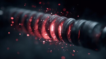 Poster - Ultraelastic exosuit springs compressing between steel rollers, stretching and contracting to create tension and red glowing sparks, showcasing advanced material science and engineering