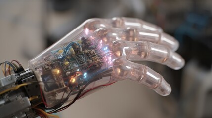 Poster - Soft robotic hand with exposed electronics and hydrogel channels, illuminated by colorful leds, demonstrating advancements in robotics and flexible actuators