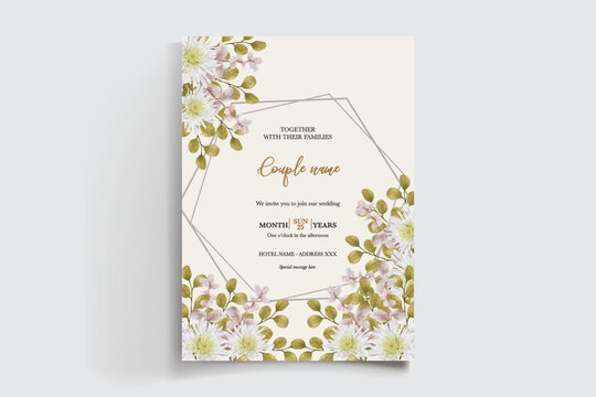 WEDDING INVITATION FRAME WITH FLOWER DECORATIONS AND FRESH LEAVES