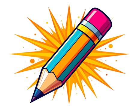 Cartoon illustration of a colorful pencil with a pink eraser, set against a bright yellow burst background.