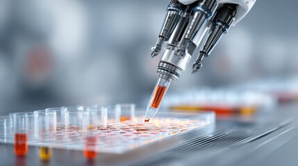 Poster - Robotic arm precisely dispensing a range of colorful drug formulations into designated wells of a microplate, showcasing automation in pharmaceutical preparation, research, and development