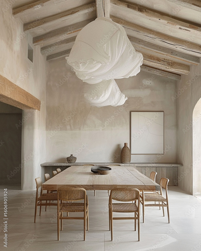 Minimalist Mediterranean dining room with vaulted ceiling, wooden beams ...