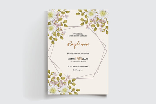 WEDDING INVITATION FRAME WITH FLOWER DECORATIONS AND FRESH LEAVES
