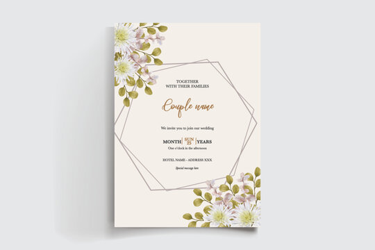 WEDDING INVITATION FRAME WITH FLOWER DECORATIONS AND FRESH LEAVES