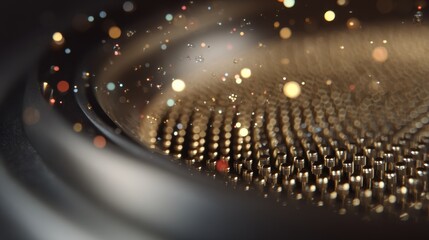 Poster - Sparkling particles floating above a metalens array, highlighting advanced materials and nanotechnology in a visually captivating display of scientific innovation