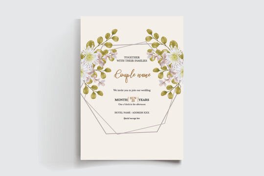 WEDDING INVITATION FRAME WITH FLOWER DECORATIONS AND FRESH LEAVES