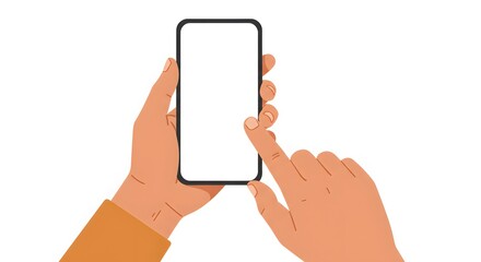 A closeup view shows a persons hands holding a smartphone with a blank white screen, as a finger touches the display, suggesting interaction with a mobile application
