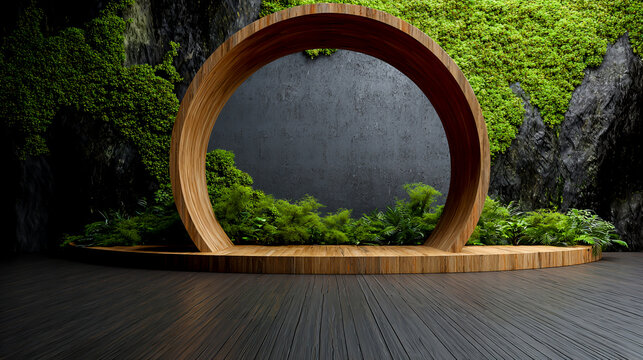 3D rendering of a wooden arch with a circular shape on a black wood floor background