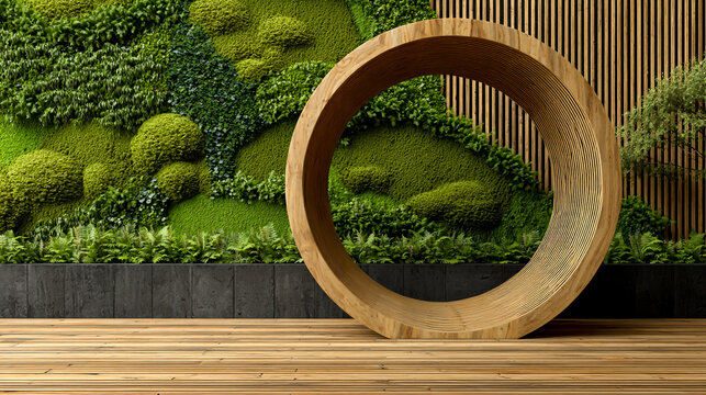 3D rendering of a wooden arch with a circular shape on a black wood floor background