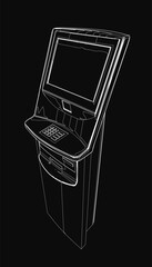 Poster - A black and white contour drawing of an ATM machine stands out against a dark background. The clean line art highlights the bank terminal's keypad, screen, and card slot.