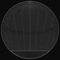 Poster - A black and white wireframe sphere features interconnected geometric lines forming an intricate acoustics-inspired pattern. The symmetrical grid radiates from the center against a dark background,.