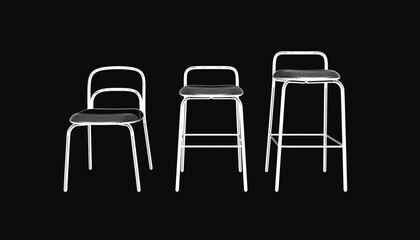 Poster - Three white bar stools with sleek modern design stand against a black background. The stools feature curved backrests, armrests, and four sturdy legs. The high contrast highlights their.