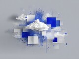 Abstract 3D cloud formation surrounded by blue and white translucent cubes and particles on soft gray background symbolizing digital cloud computing and data