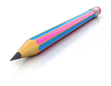 A single, sharpened pencil with blue, pink, and yellow stripes lies diagonally on a white surface, casting a soft shadow.
