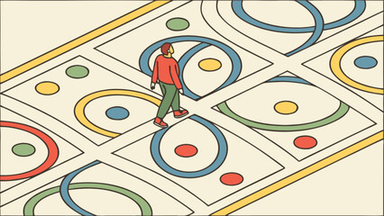 Poster - Abstract path illustration with man walking on colorful circles and squares design for creative projects