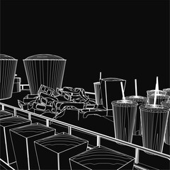 Poster - A black and white illustration of a cinema cart with neatly arranged popcorn boxes, soda cups, and straws on a table, highlighted by clean contour lines.
