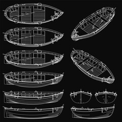 Poster - Detailed blueprint of a rowboat with intricate contours, featuring the hull, sails, and cabin. The white design contrasts sharply against the black background, emphasizing precision.