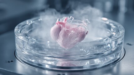 Poster - 3d printed heart valve rests inside a transparent chamber, surrounded by fine mist generated by magnetoacoustic waves, showcasing advancements in medical technology and bioengineering