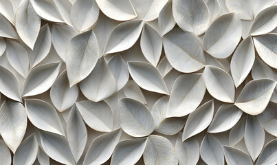 Poster - A panoramic image of white geometric 3D tiles featuring leaf patterns
