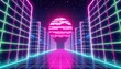 © Namwan - vaporwave grid walls converging under glowing synth sky with symmetrical depth and futuristic emotion