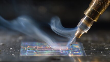 Poster - Vapor deposition process using vaporized organometallic compounds, creating fine lines on a microchip, showcasing the precision and complexity of nanotechnology in semiconductor manufacturing