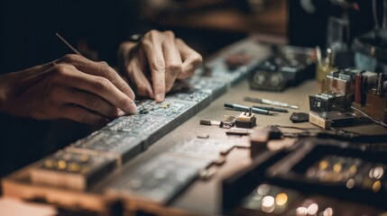 Poster - Close up of technician's hands assembling components of a wireless power tile, surrounded by tools and parts on a workbench, highlighting the precision of electronic manufacturing