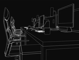 Poster - A black and white contour illustration of an office desk setup with multiple monitors, a keyboard, and a coffee cup. Chairs and additional furniture are visible in the background.