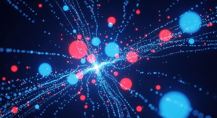 Fototapete - Abstract digital network of glowing red and blue spheres connected by streaks of light