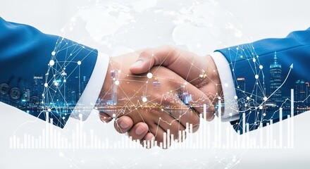 Poster - Business professionals shaking hands with a futuristic digital cityscape overlay symbolizing global connection and innovation