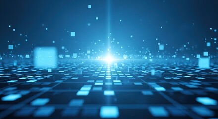 Fototapete - Abstract digital cityscape with glowing blue squares and a bright central light representing data flow and technology