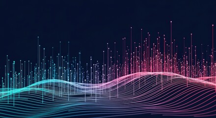 Fototapete - Abstract digital data visualization with glowing lines and rising bars in neon blue and pink hues