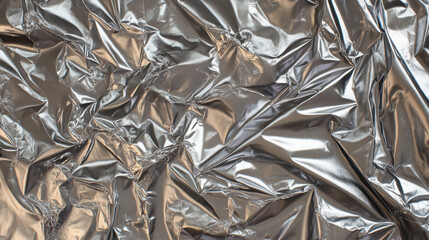 Poster - Shiny crumpled silver foil with textured metallic surface. Abstract background with reflections. Wrinkled shiny metal texture pattern for product packaging.