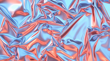 Poster - Abstract crumpled holographic foil with vibrant iridescent pink and blue light reflections. Modern liquid metal background.