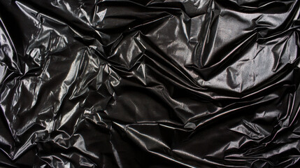 Poster - Rough black crumpled polyethylene plastic bag texture with reflection. Shiny metallic wrinkle foil as a background. Abstract blank dark material pattern.