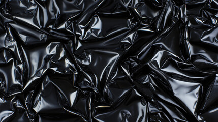 Poster - Crumpled black plastic with shimmering highlights creating an abstract textured background. Shiny modern material for overlay.