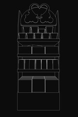 Poster - A black and white contour illustration features a wooden shelf showcasing a heart among various objects, evoking a vintage store display. The dark background highlights the clean lines and minimalist.