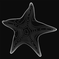 Poster - A black and white starfish drawing features intricate contour lines and geometric shapes on a dark background. The detailed design creates a striking and artistic visual.